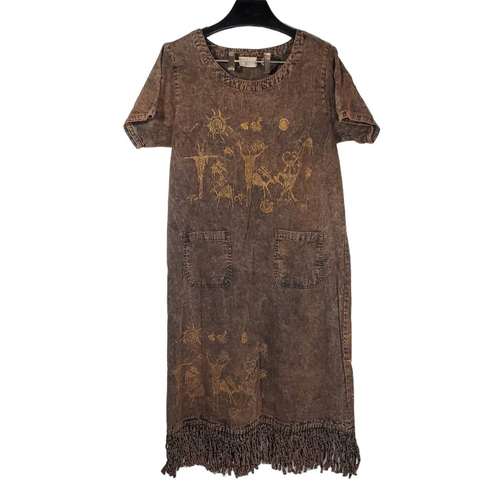VTG Charlotte Tribe Scene T-Shirt Dress Copper Brown Acid-Wash Denim Fringe 90s
